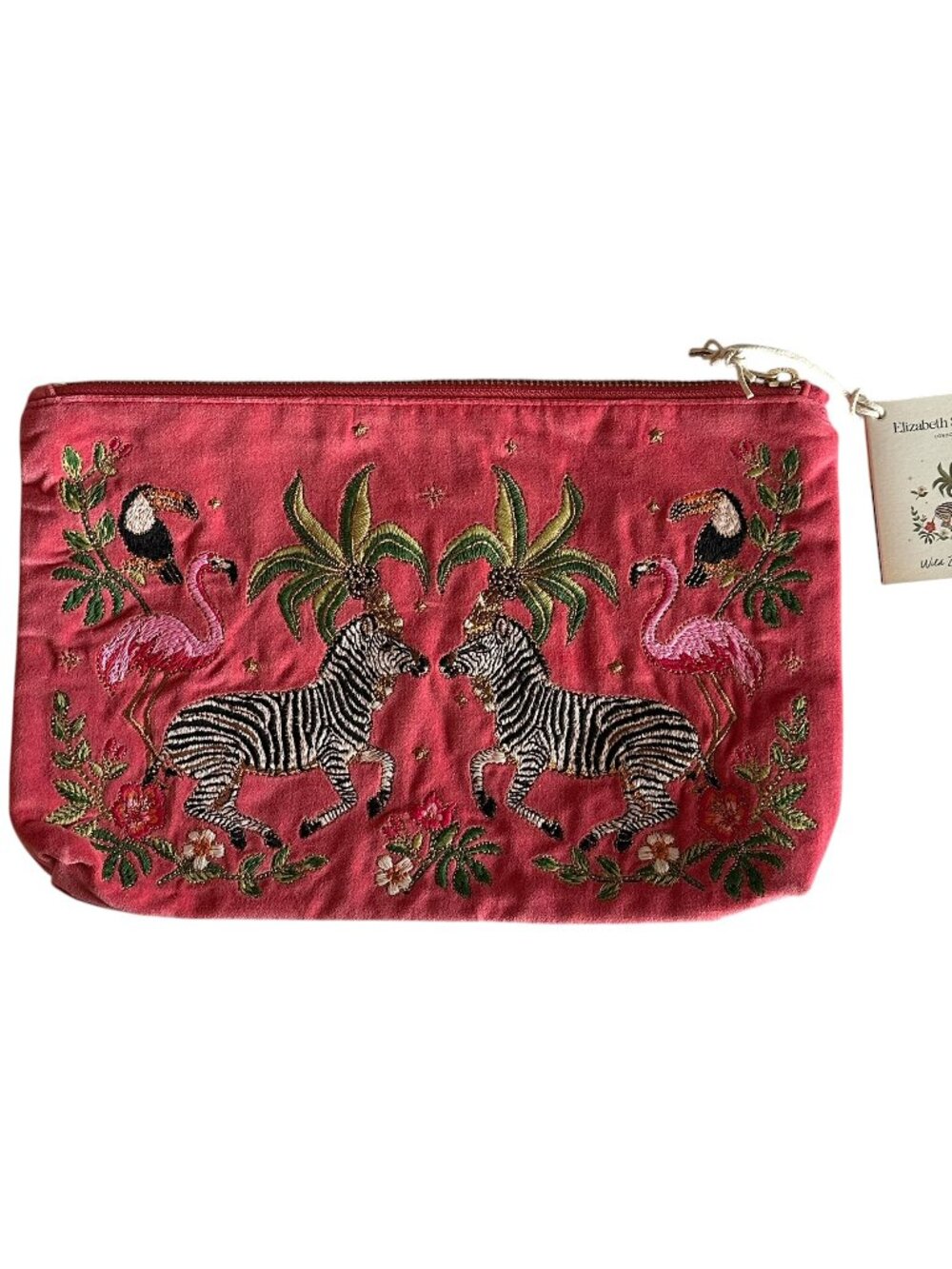 Elizabeth Scarlett NEW Blush Pink Velvet Everyday Pouch Zebra Jungle Embroidered